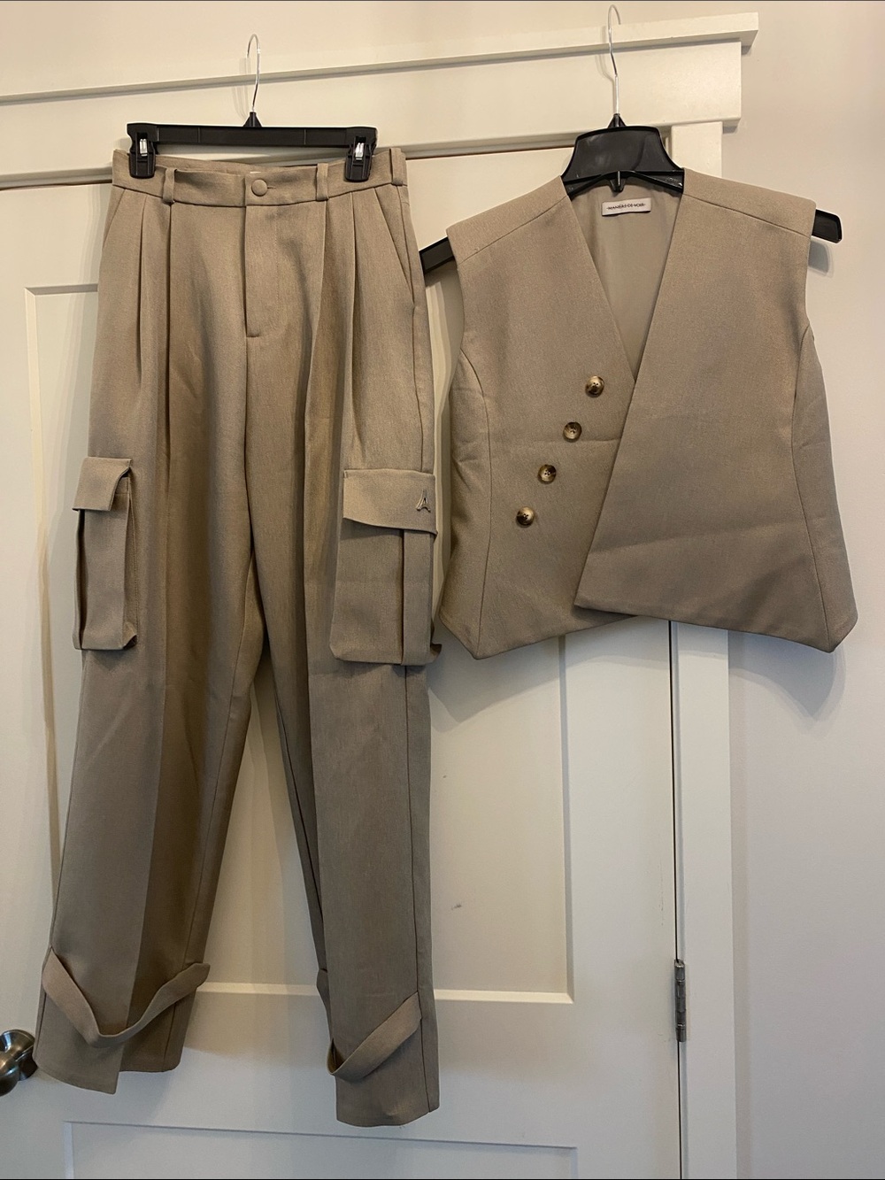 Manière De Voir Tailored Asymmetric Vest & Pleated Cargo Pants Set Beige